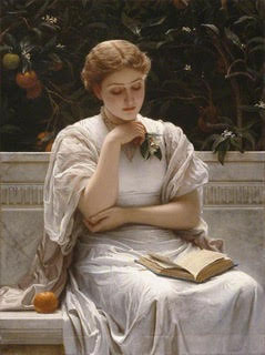 A victorian painting of a young woman reading a book outside